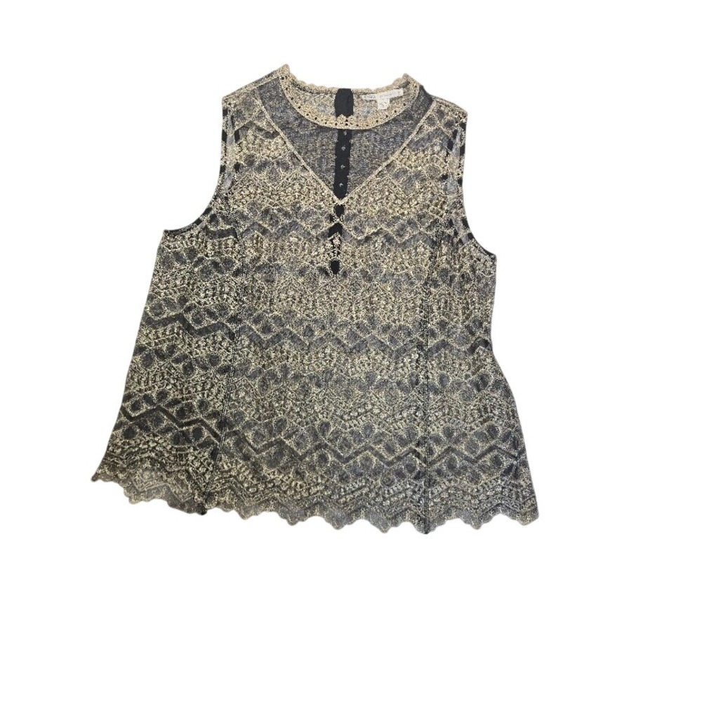 Cato Black Gold Lace Chevron Mesh Mock Neck Sleeveless Blouse Plus‎ Size 18/20W